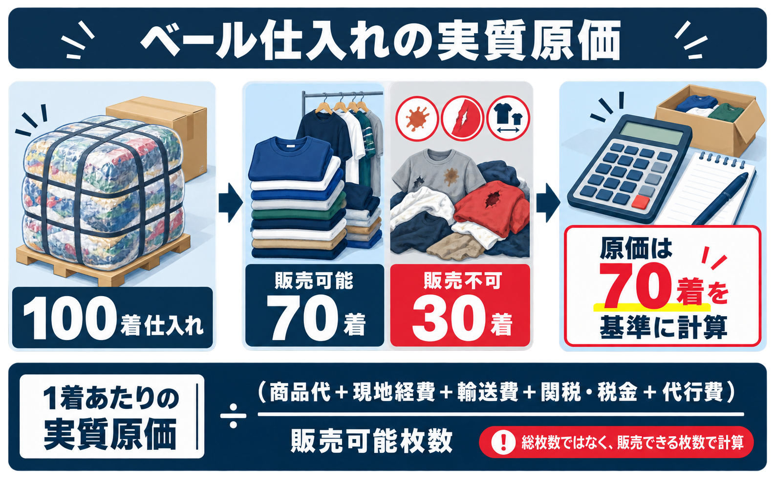 ベールで100着仕入れた場合、販売可能な70着を基準に、商品代・現地経費・輸送費・関税・税金・代行費から1着あたりの実質原価を計算する方法。