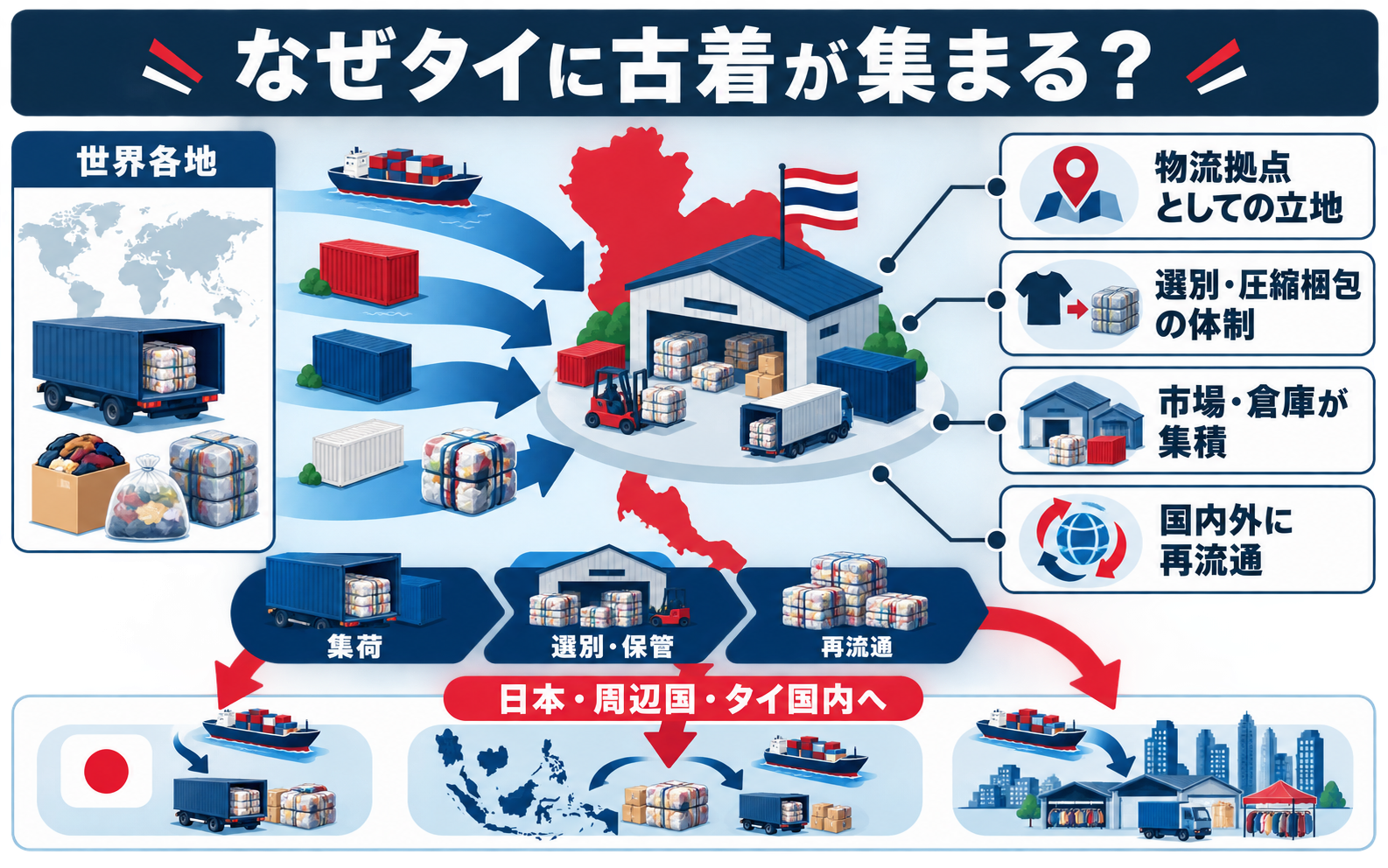世界各地からタイへ運ばれた古着が、集積した市場や倉庫で選別・圧縮梱包され、日本や周辺国、タイ国内へ再流通する仕組み。
